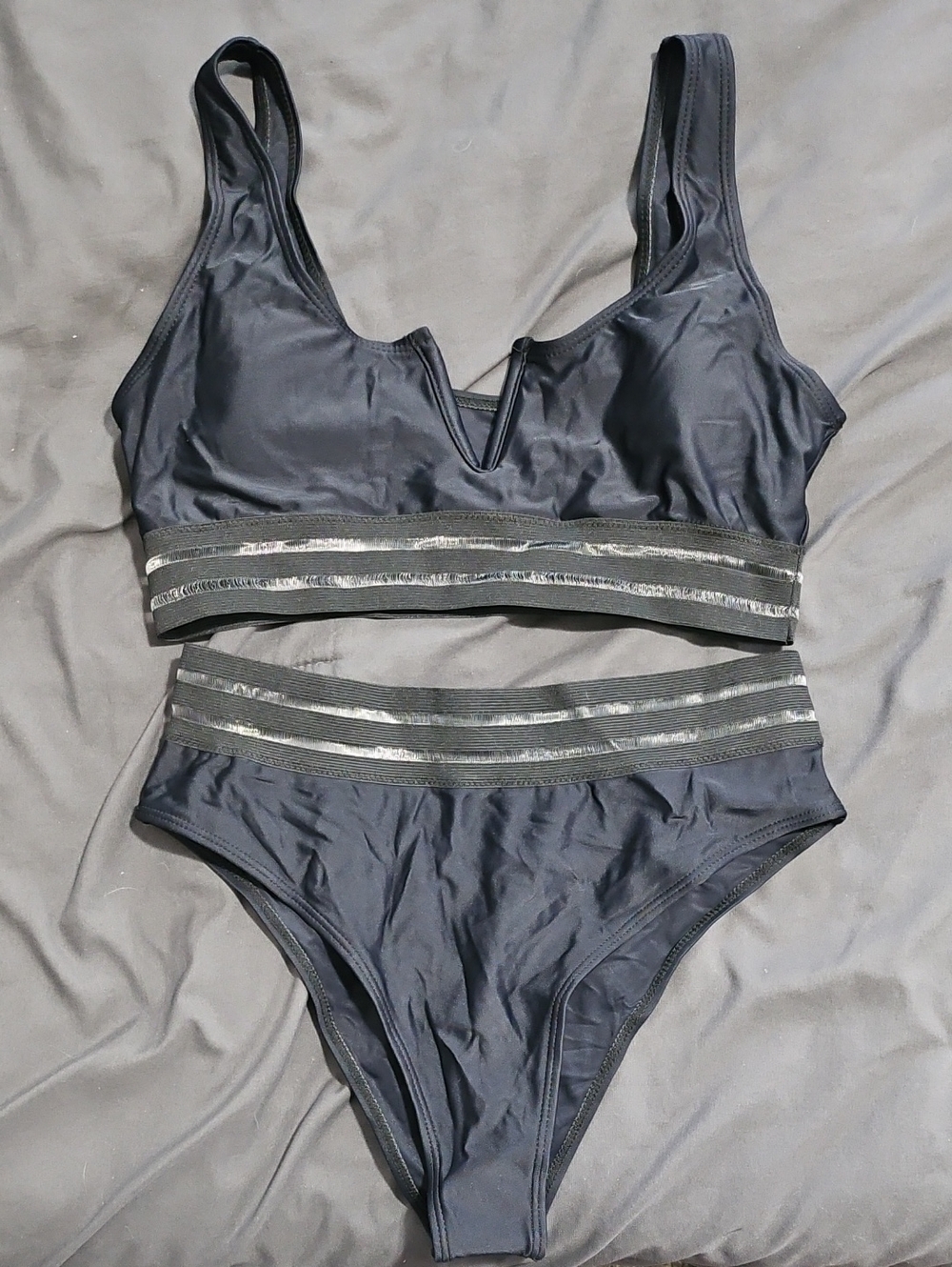 SHEIN Black High-Waist Stripe Bikini Set